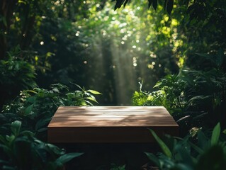 Fototapeta premium Sunlit wooden platform amidst lush foliage in tranquil forest scene