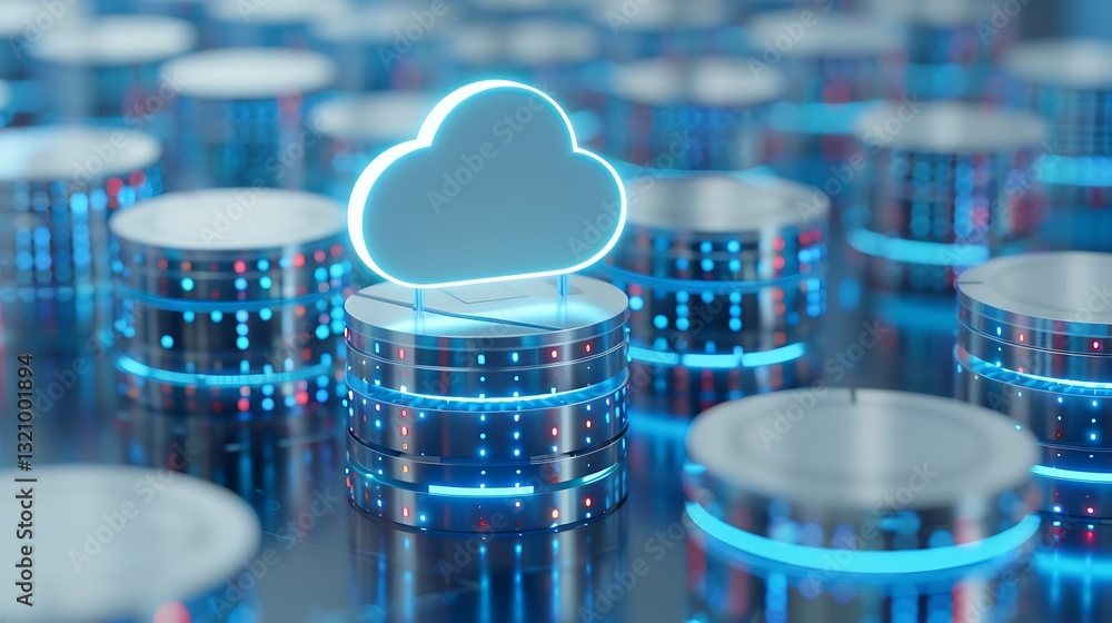 Poster cloud computing concept with data storage cylinders and digital network in a technology environment