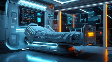 Fototapeta premium Futuristic Hospital Room Featuring Advanced Technology and Illuminated Bed for Patient Care