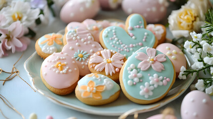 Obraz premium Cheerful Easter cookies shaped like bunnies and eggs, decorated with colorful icing and sprinkles, placed on a vibrant holiday table surrounded by spring flowers and seasonal decorations.