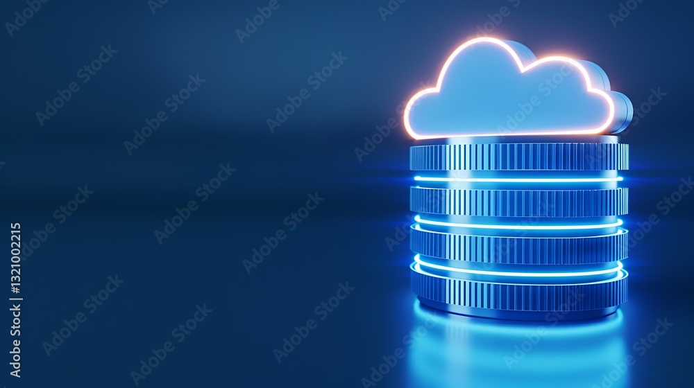 Poster cloud computing concept with stack of coins in neon blue lighting on a modern background