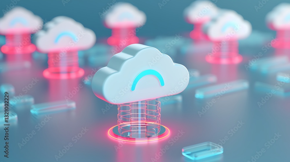 Poster cloud computing concept with stylized clouds and neon glow on a futuristic background