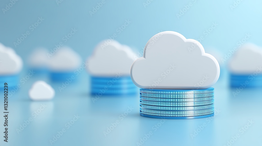 Poster cloud computing concept with stacks of coins and stylized cloud icons representing digital finance i
