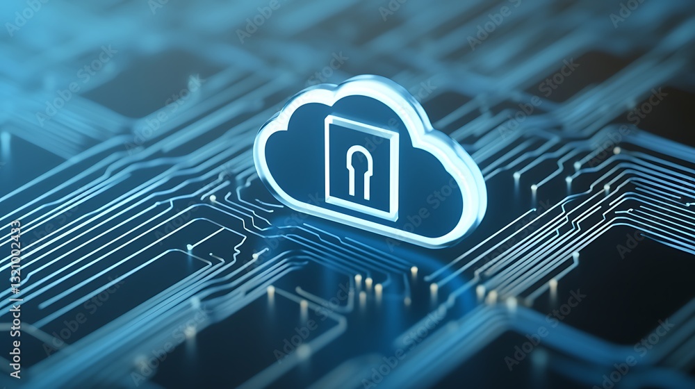 Poster cloud computing security concept with open lock symbol on circuit board background representing data