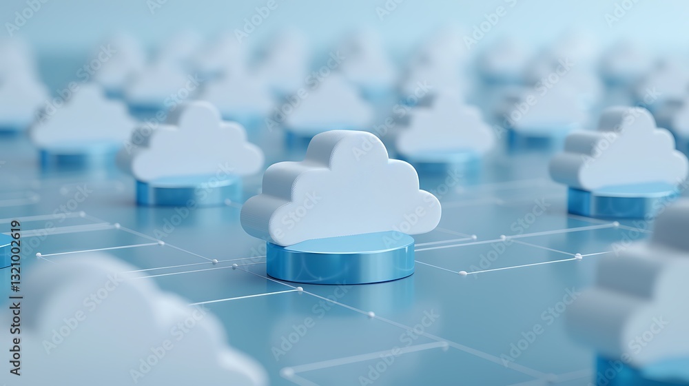 Poster cloud computing technology concept with stylized 3d clouds on a digital network interface