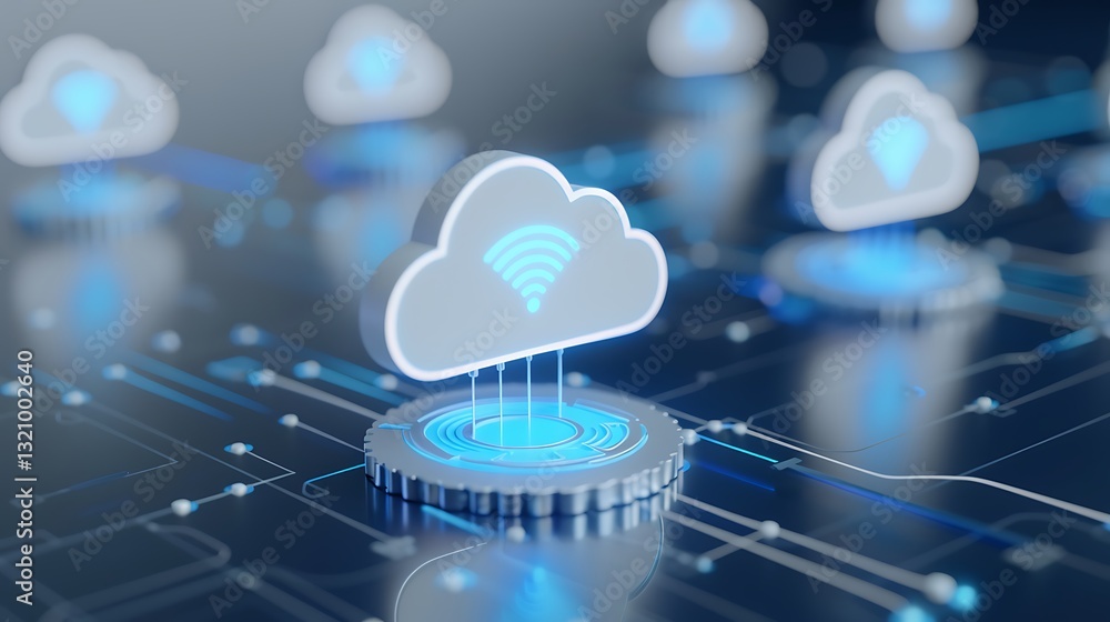 Poster cloud computing technology concept with wireless connection and digital network background in blue t