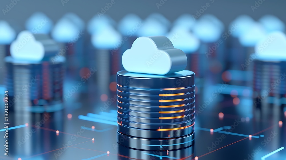 Poster cloud service technology concept with data storage and server connections for modern digital infrast