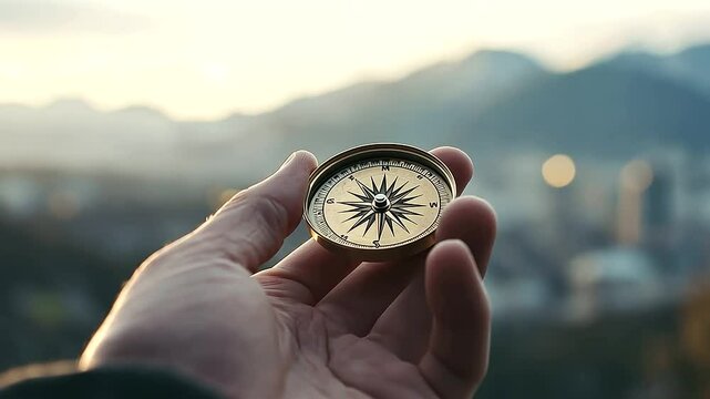 A compass needle pointing towards distant mountains and cityscape