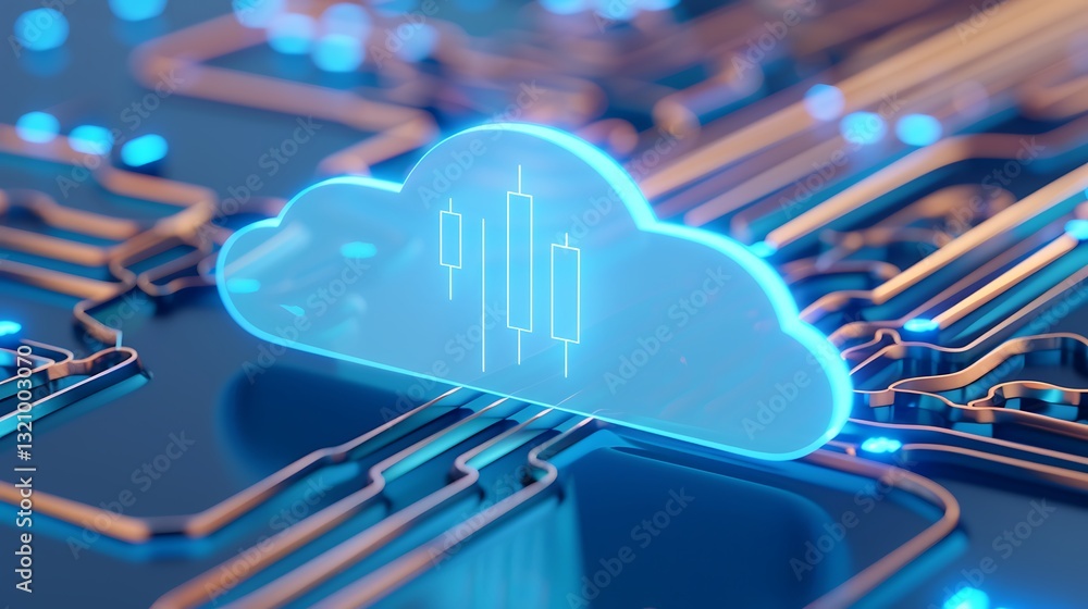 Poster cloud technology with data analysis graphs on a circuit board background in futuristic style