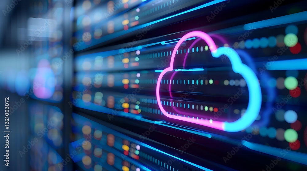 Poster colorful cloud icon lighting up server rack background with neon effect in modern data center enviro