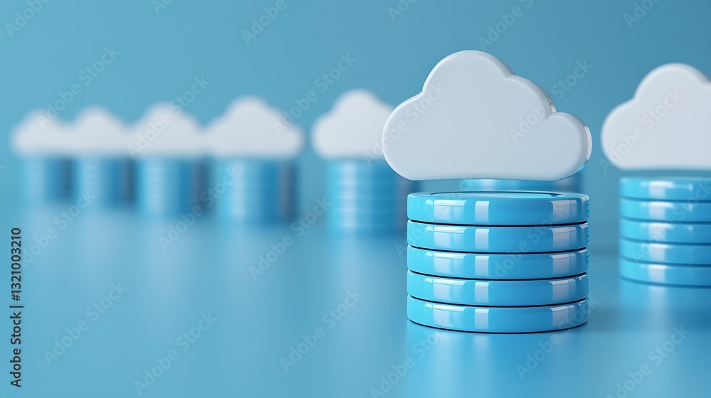 Poster conceptual illustration of cloud technology storing data on blue background with stacks of coins and