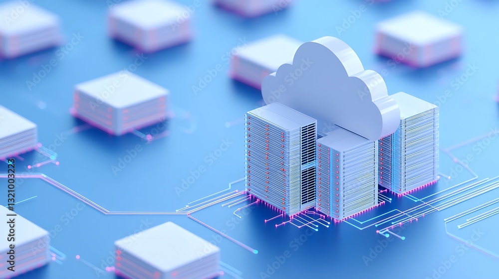 Poster data storage technology concept with cloud computing and server architecture on blue background