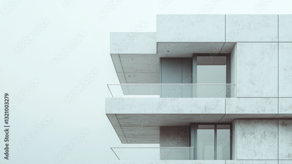 Poster A striking example of modern architecture stands tall against a muted sky, featuring smooth concrete surfaces and expansive glass elements