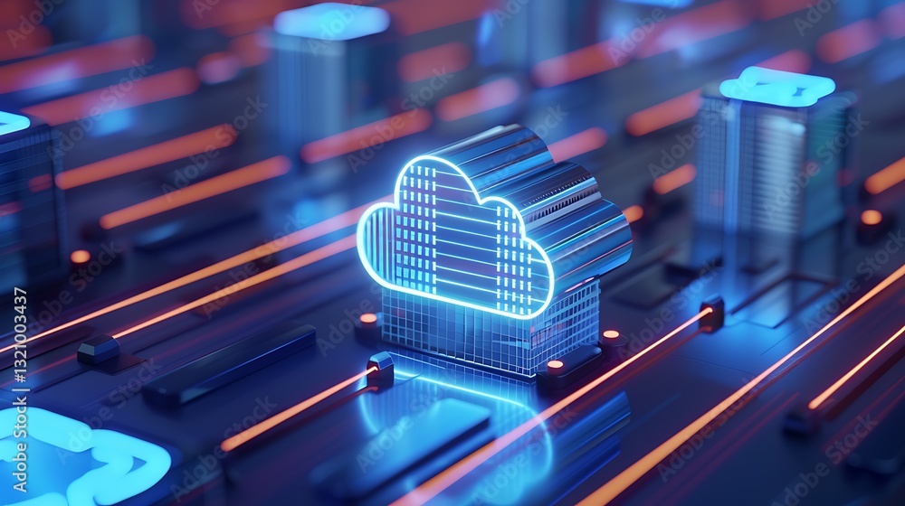 Poster digital cloud computing concept with 3d rendering of neon cloud icon on futuristic background