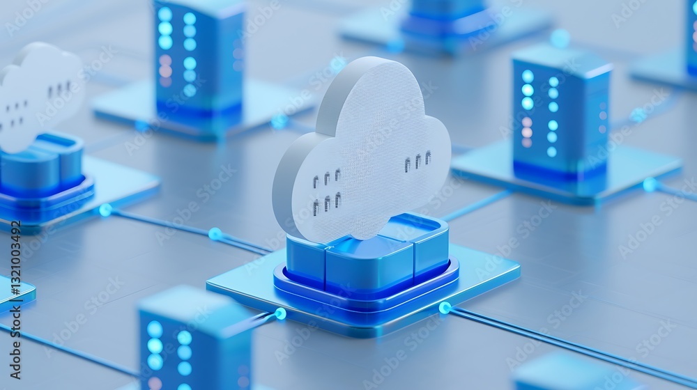 Poster digital cloud computing concept on a modern network infrastructure with data server and cloud symbol