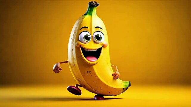 Cartoon style banana dancing on yellow background. Organic food. Healthy food.