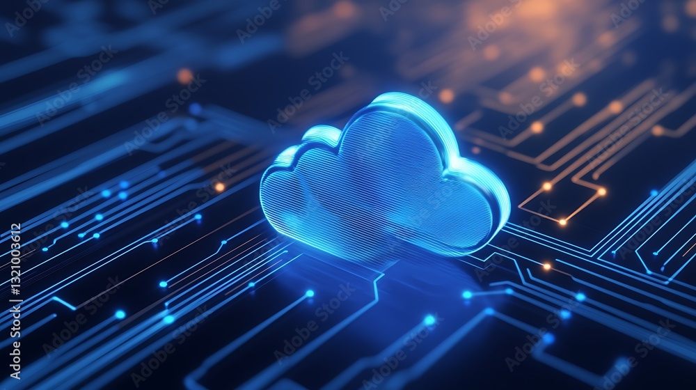Poster digital cloud computing concept with circuit board design in blue and orange tones for technology th