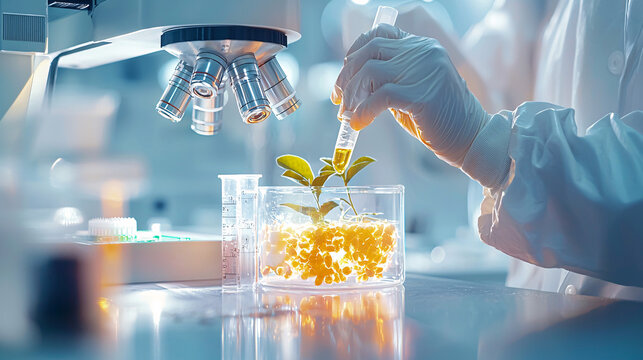 Plant-Based meal and Burger with Scientist Examining Concept. Laboratory Research with Plant Tissue Culture Techniques