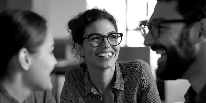 Business professionals sharing a light moment in an office setting.
