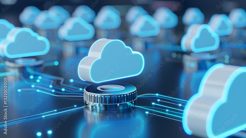 Poster digital cloud computing concept with glowing cloud icons and network connections on high-tech backgr