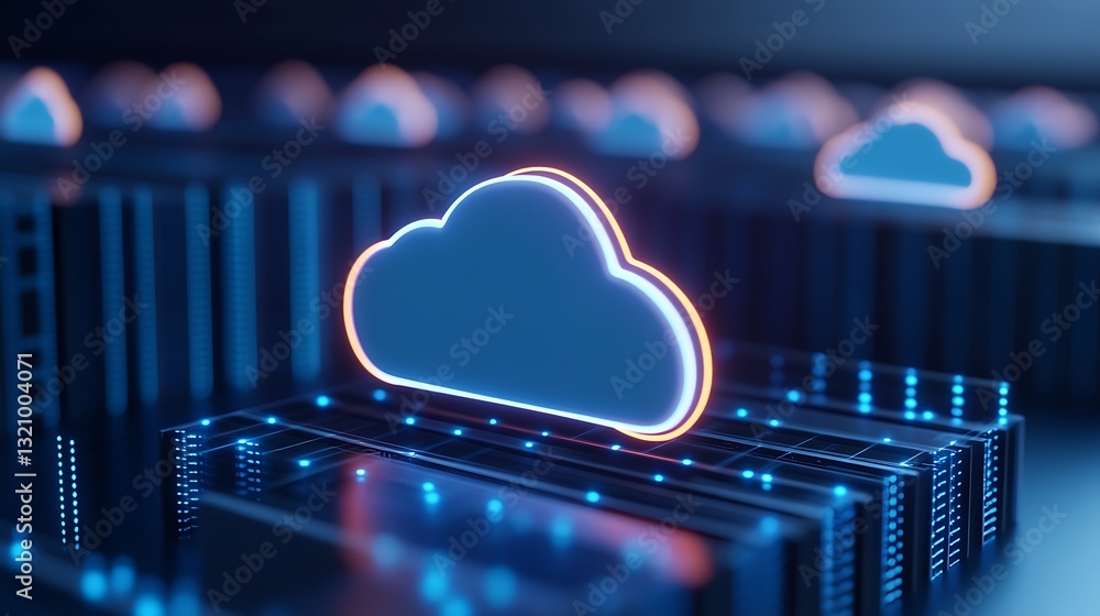 Poster digital cloud computing concept with neon cloud icons on abstract server background for technology a