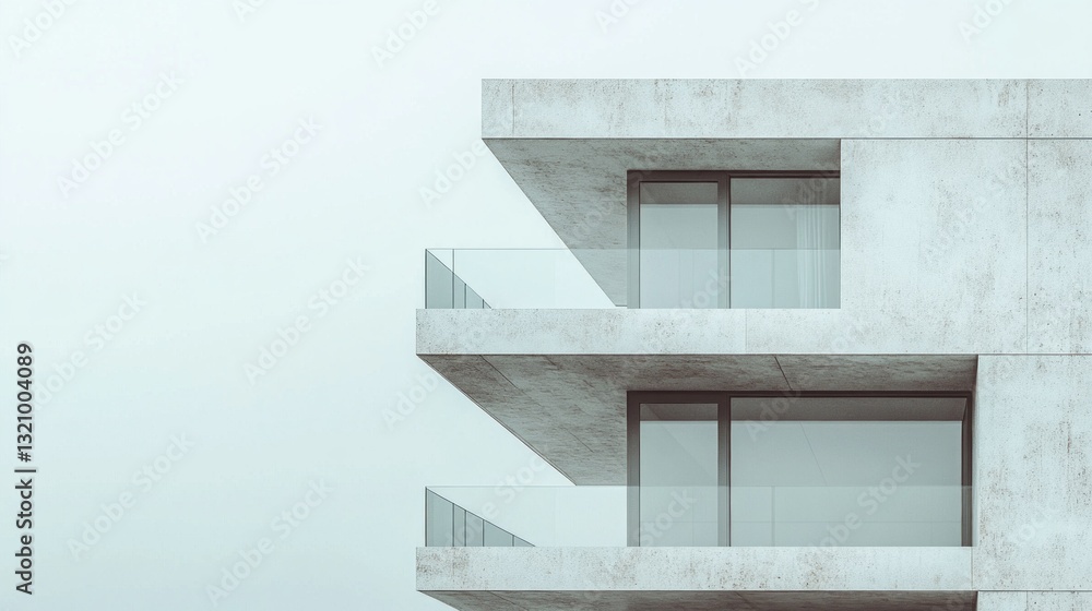 Poster In a serene environment, a strikingly modern building stands out with its clean lines and open balconies, inviting the beauty of minimalism into urban life
