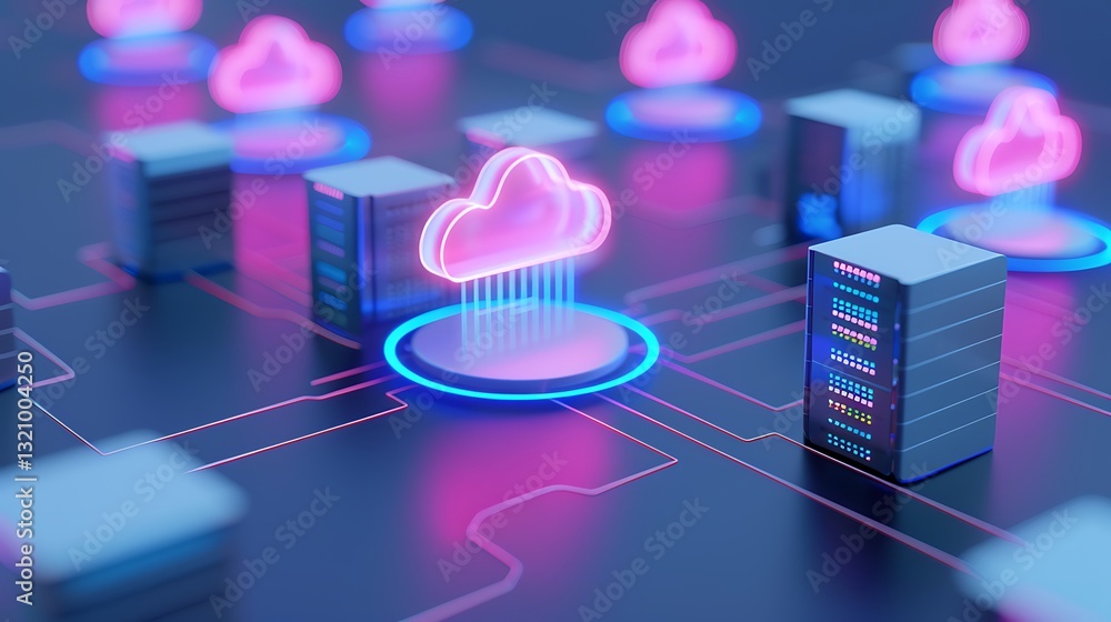 Poster digital cloud computing concept with neon glow and server network in modern technology environment