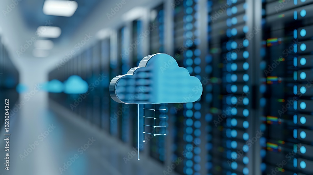 Poster digital cloud computing concept with server racks in modern data center environment