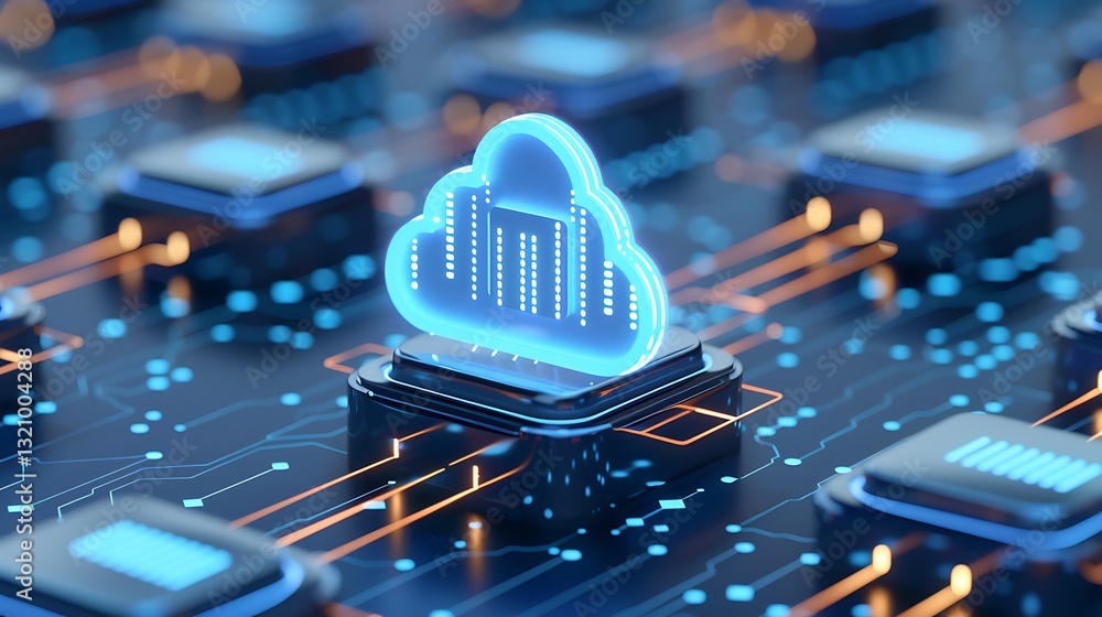 Poster digital cloud computing concept with neon elements and circuit patterns for technology and innovatio