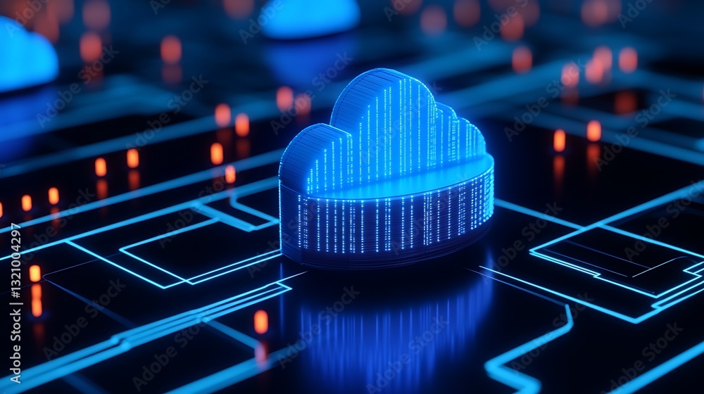 Poster digital cloud computing concept with neon lights and data streams on a futuristic background