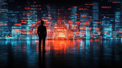 Silhouette of a Person Against a Vibrant Cityscape Illuminated by Colorful Lights at Night