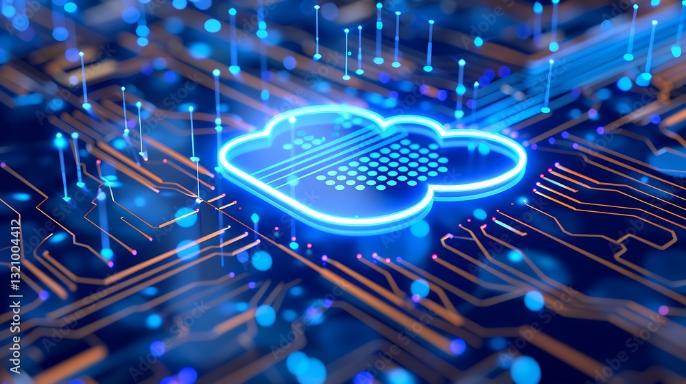 Poster digital cloud computing network with abstract circuit board background and blue light effects