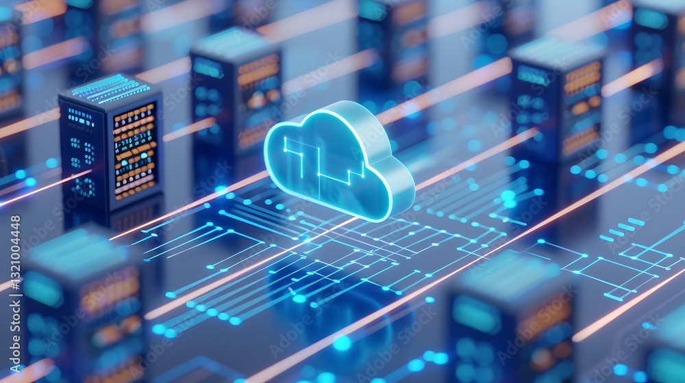 Poster digital cloud computing network with data flow and server rack visualization in a modern technology 