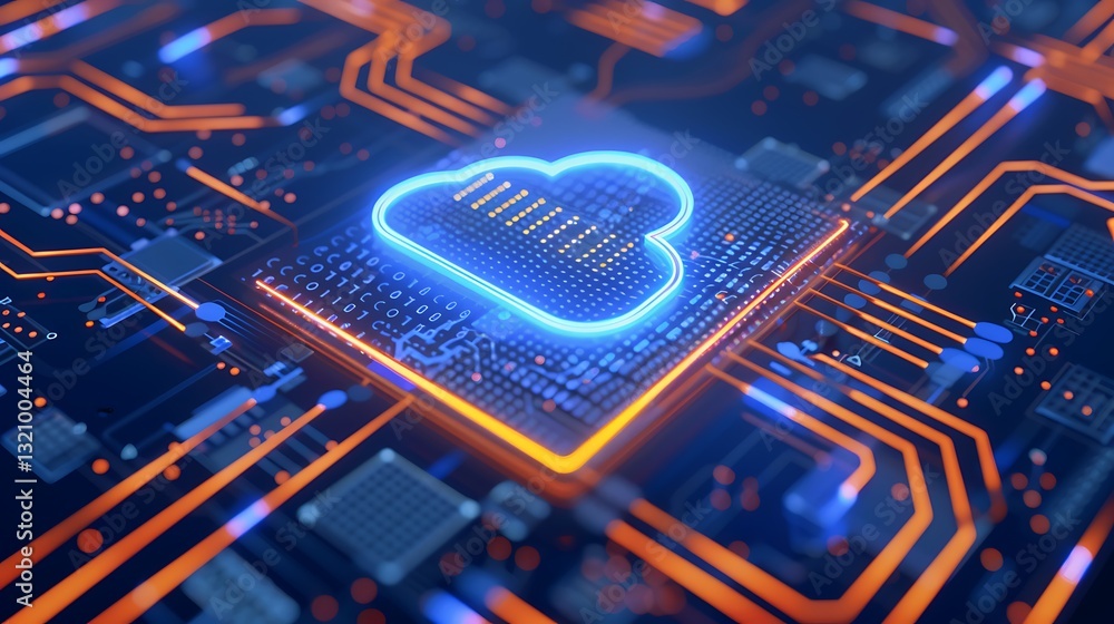 Poster digital cloud computing technology concept with circuit board in blue and orange glowing colors