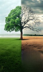 Contrasting tree with one side lush and green, the other side dry and bare
