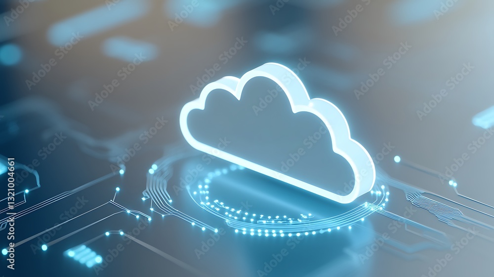 Poster digital cloud icon on abstract circuit pattern background featuring blue and white colors with techn