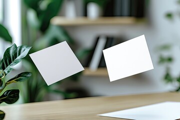 Blank sticky notes floating over a light wooden desk in a home office setting, surrounded by greenery and bookshelves