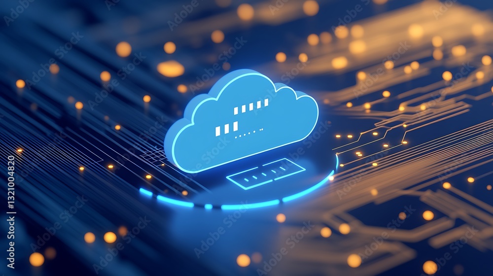 Poster digital cloud icon on circuit board with glowing lights representing data storage and connectivity c