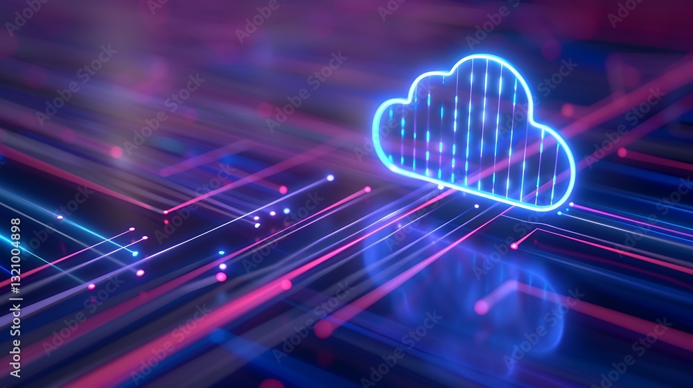 Poster digital cloud icon on futuristic colorful background with glowing lines and data transfer concept fo