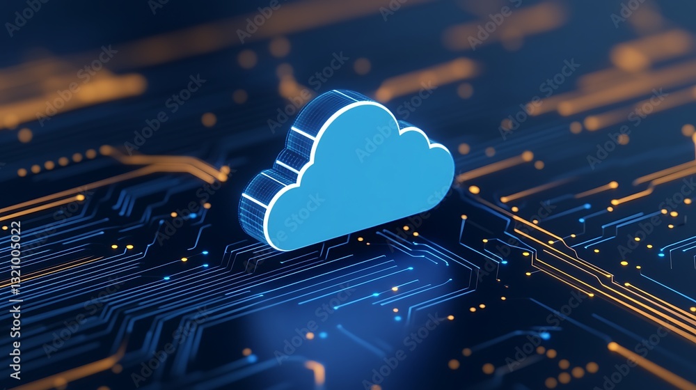 Poster digital cloud icon over circuit board background representing cloud computing and technology concept