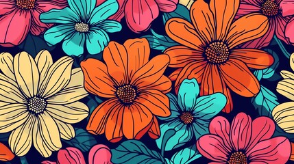 A colorful floral pattern with yellow, orange, teal, pink, and red flowers on a dark green background.