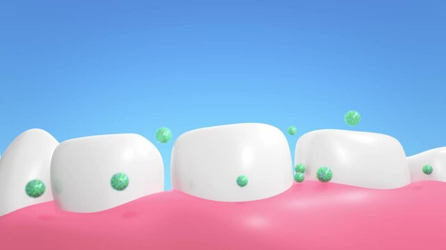Concept health. Plenty bubbles fall down to help clean stains and bacteria that are clinging to teeth over a light blue background. Video for toothpaste products advertising. 3D render