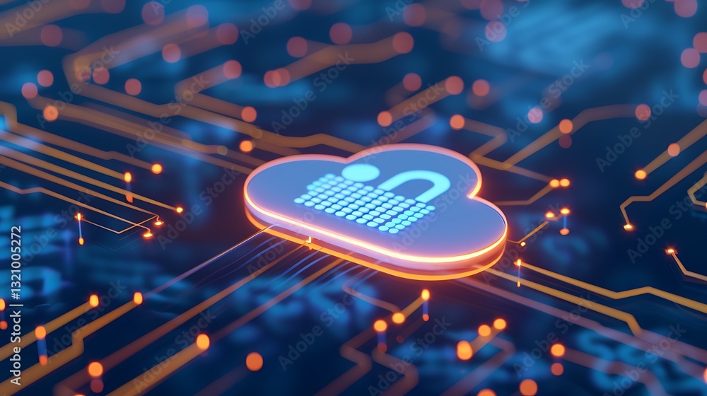 Poster digital cloud security concept with unlocked padlock symbol representing data protection and vulnera