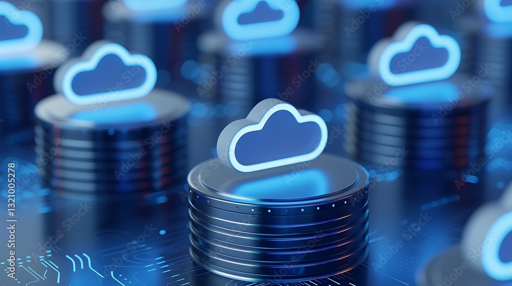 Poster digital cloud storage concept with bright clouds on metallic coins and circuit pattern background