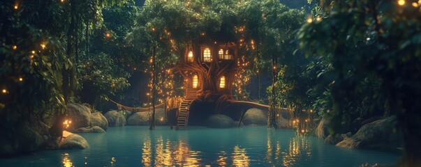 Enchanting treehouse at night surrounded by glowing lights in mystical forest