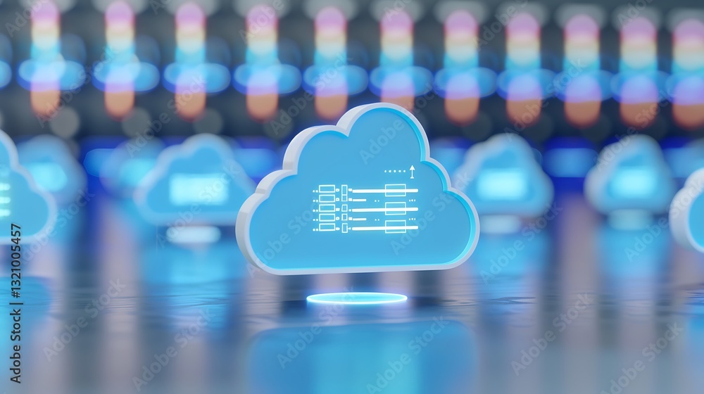 Poster digital cloud storage concept with data connections and neon lights in a futuristic environment