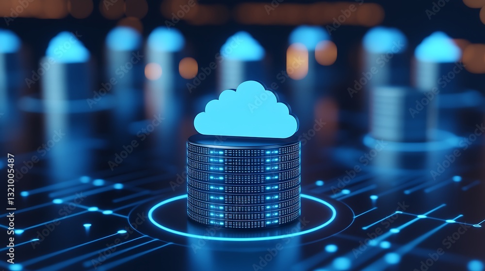 Poster digital cloud storage concept with data servers and glowing technology elements in a modern design
