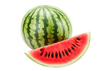 Fresh watermelon with vibrant green stripes and juicy red slice