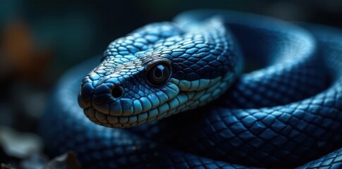 Fototapeta premium Dark blue scales glisten on a venomous snake's scaly head with beady eyes , venomous, snake