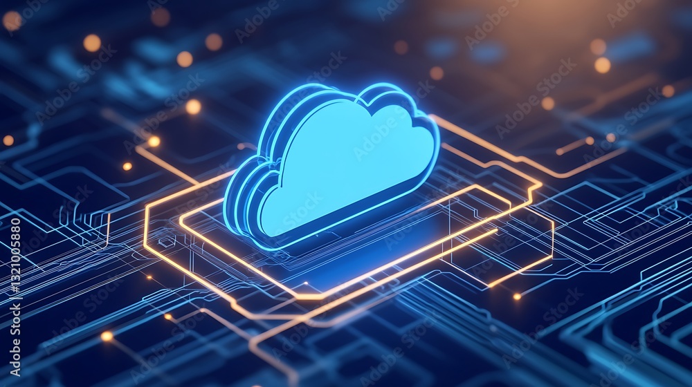 Poster digital cloud symbol on futuristic circuit board background representing technology and data storage